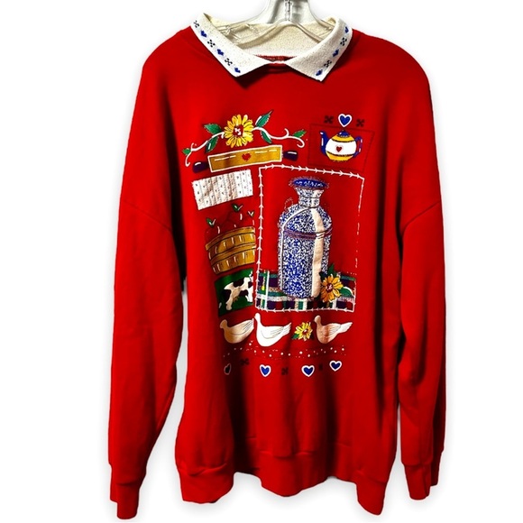 Vintage 80s Act III Red Collared Sweatshirt Size Large Americana Country Cottage - Picture 1 of 16
